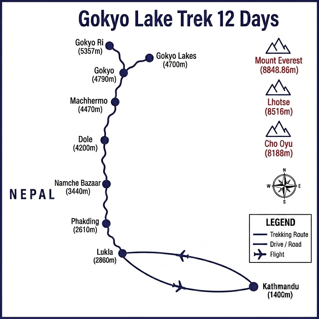 Everest Gokyo Lake Trek route map — 12 days in the Khumbu region, Nepal