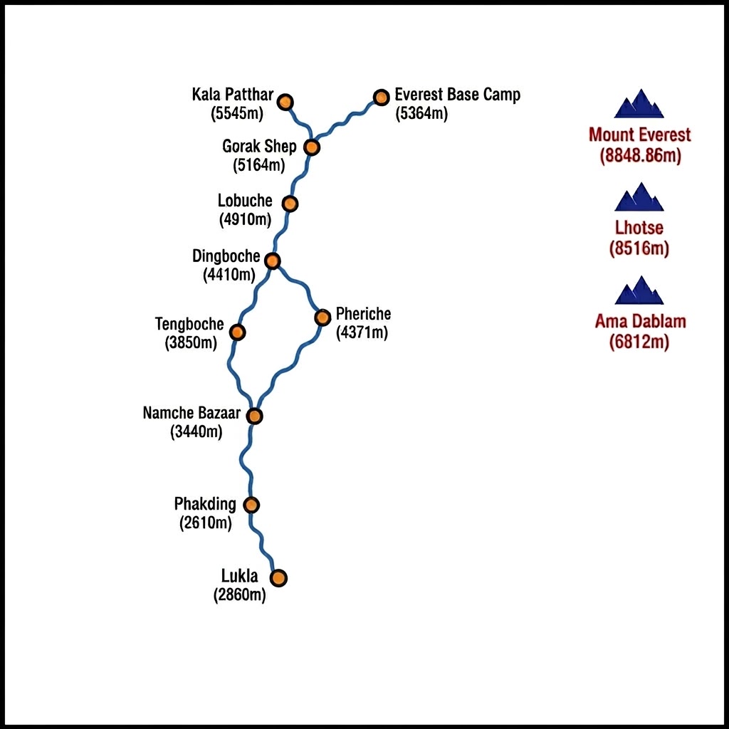 Everest Base Camp Trek route map — 13 days from Lukla, Khumbu region Nepal